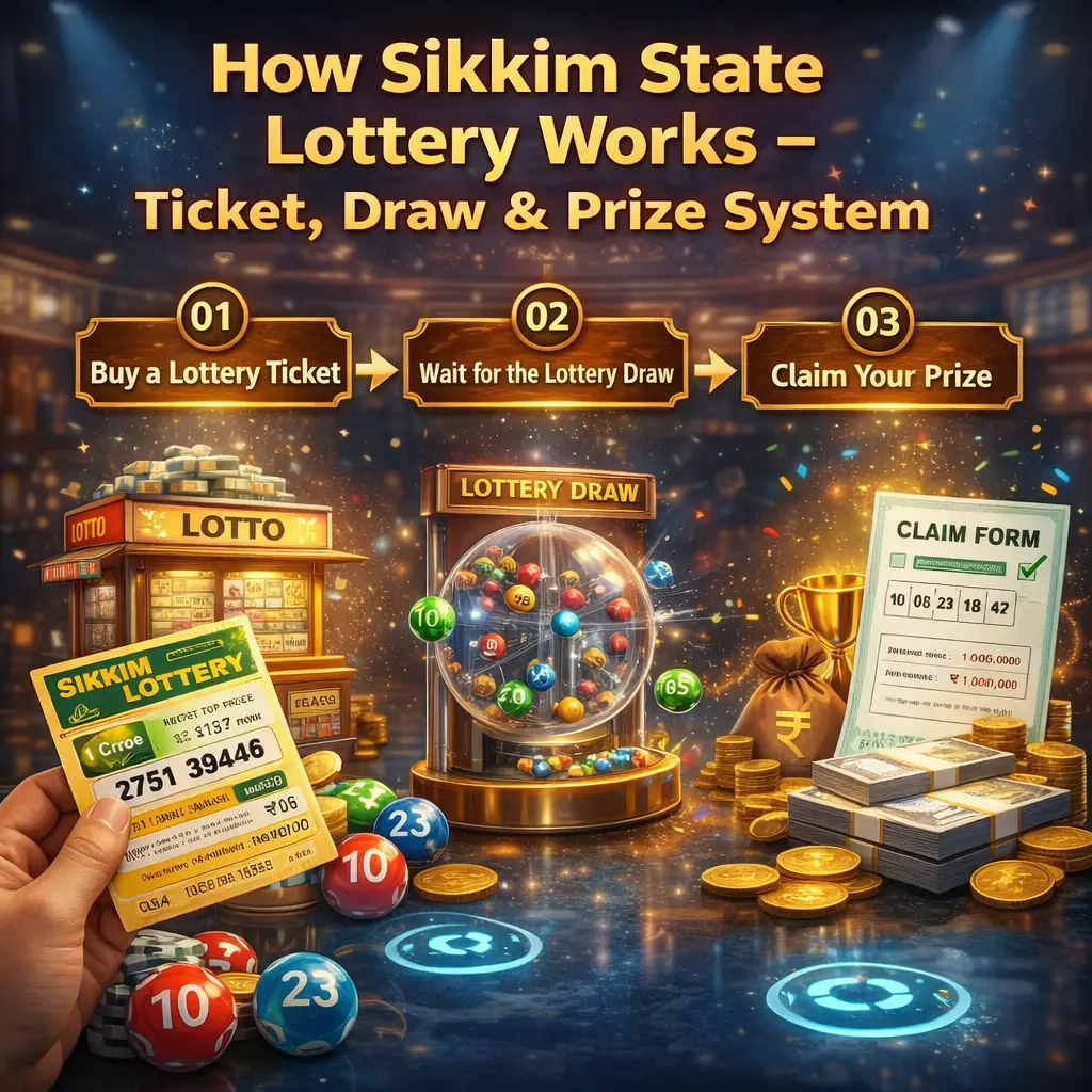 How Sikkim State Lottery works showing ticket purchase, lottery draw process, and prize claim system step by step