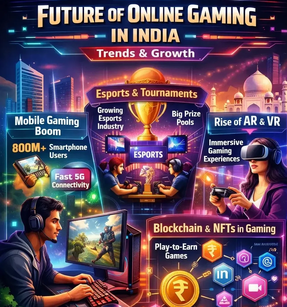 Future of online gaming in India showing mobile gaming growth, esports tournaments, AR VR gaming, and blockchain play-to-earn trends