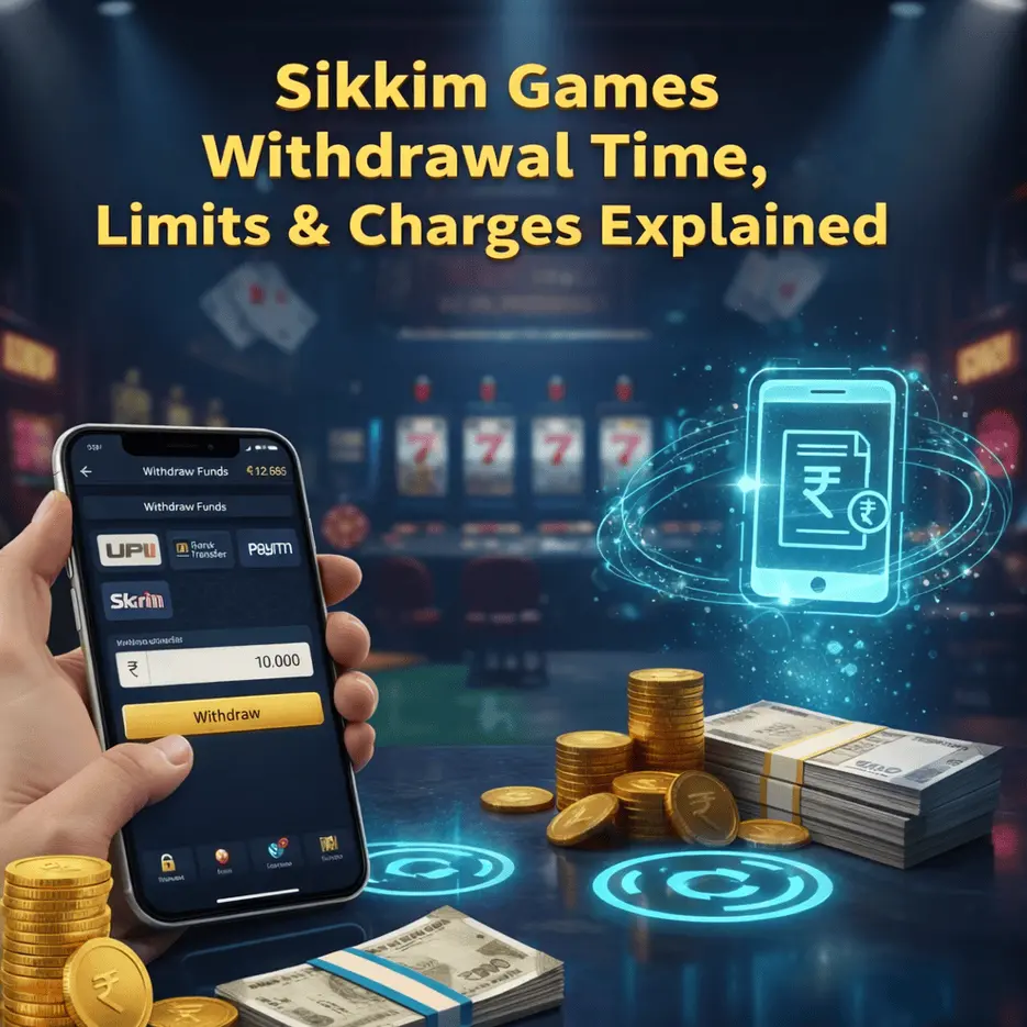 Sikkim Games withdrawal time, minimum and maximum withdrawal limits, and charges explained with app interface and payment options